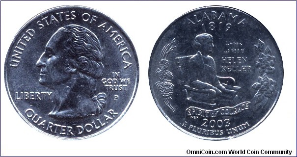 USA, 1/4 dollar, 2003, Cu-Ni, Alabama - 1819. Helen Keller, Spirit of Courage, G. Washington                                                                                                                                                                                                                                                                                                                                                                                                                        