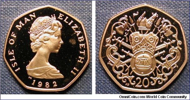 1982 Isle of Man 20 Pence.
Cop/Nick Diamond finish, 5g 30,000
Feat Viking Arms/Armor of the 9th to 13th centuries