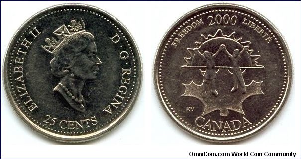 Canada, 25 cents 2000.
Queen Elizabeth II.
Freedom.