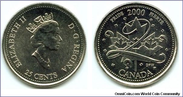 Canada, 25 cents 2000.
Queen Elizabeth II.
Pride.