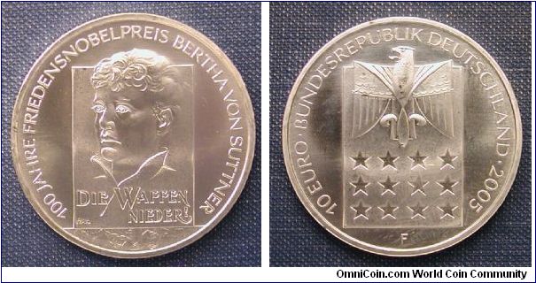 2005 Germany 10 Euro Silver 100 Years - Nobel Peace Prize Bertha von Suttner