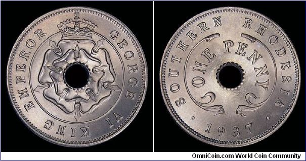 1937 Southern Rhodesia, One Penny. Mintage 908,000. KM 8.