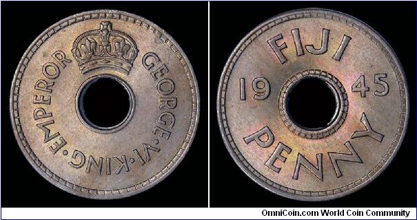 1945 Fiji, One Penny. Mintage 240,000. KM 7.