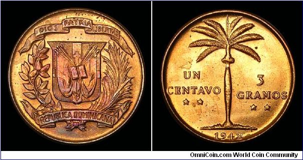 1942 Dominican Republic, 1 Centavo. Mintage 2,000,000. KM 17. UNC.