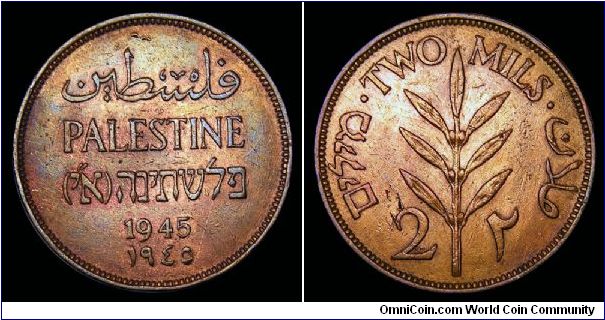 1945 Palestine, Two Mils. Mintage 960,000. KM 2. AU.