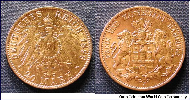 1899-J German States Hamburg 20 Marks Gold