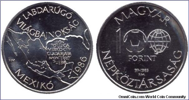 Hungary, 100 forint, 1985, Cu-Ni-Zn, Soccer World Championship Mexico - 1986.                                                                                                                                                                                                                                                                                                                                                                                                                                       