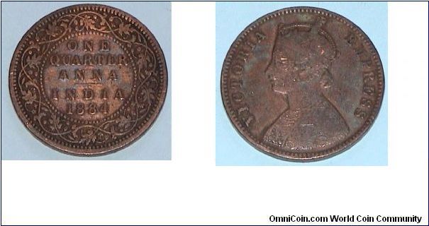 British India. Quarter Anna. Queen Victoria.