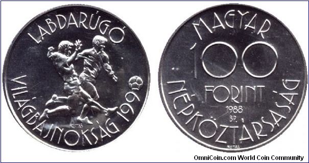 Hungary, 100 forint, 1988, Cu-Ni-Zn, Soccer World Championship Italy - 1990.                                                                                                                                                                                                                                                                                                                                                                                                                                        