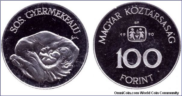 Hungary, 100 forint, 1990, Cu-Ni, S.O.S. Gyermekfalu (Children Village).                                                                                                                                                                                                                                                                                                                                                                                                                                            