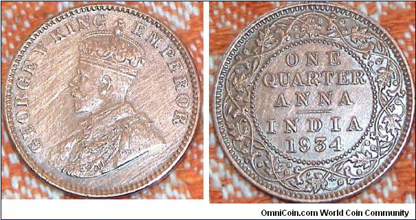 British India. Quarter Anna. George V.