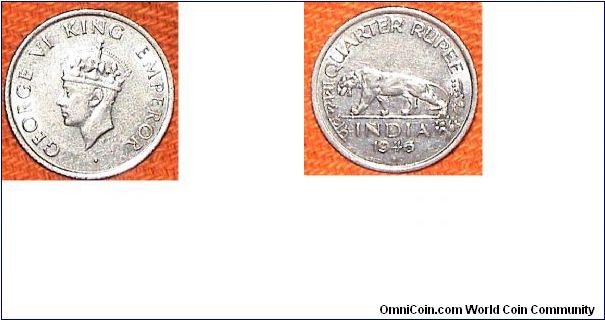 British India. Quarter Rupee. George VI. Tiger.