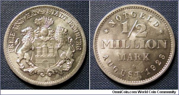 1923 German States Hamburg 1/2 Million Mark Notgeld Coin, Aluminum.