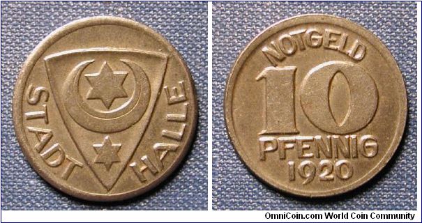 1920 Germany Halle 10 Pfennig Notgeld Coin, Iron.