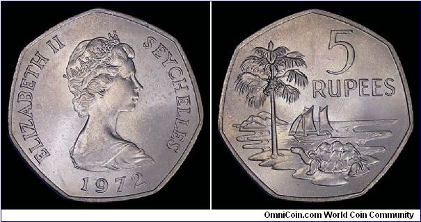1972 Seychelles 5 Rupees. KM 19. Mintage 220,000.