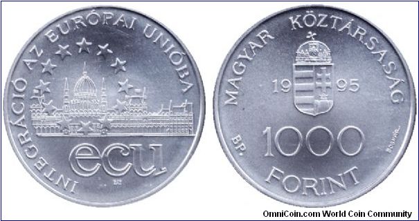 Hungary, 1000 forint, 1995, Ag, ECU III, Integration into the EU.                                                                                                                                                                                                                                                                                                                                                                                                                                                   