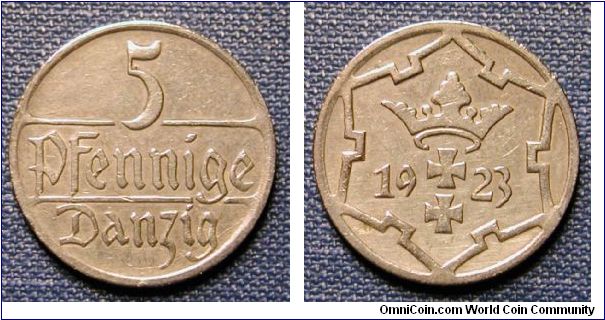 1923 Poland Free City of Danzig 5 Pfennig