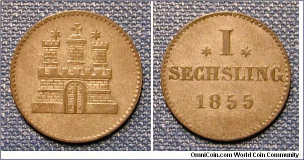 1855 German States Hamburg 1 Sechsling