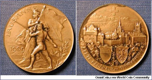 1909 Switzerland Lausanne Gymnastics Bronze 36m Medal.