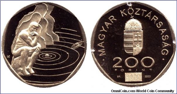 Hungary, 200 forint, 2000, Commemorating the year 2000: two dates 1999 and 2000 changes in the hologram. Rodin: Thinker.                                                                                                                                                                                                                                                                                                                                                                                            
