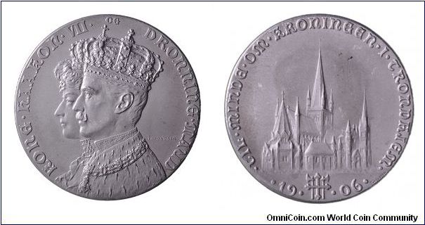 Aluminum - Norway -Norway's King Haakon Coronation Medal. Trondheim Cathedral on the reverse. Privately issued by the artist, Ivar Throndsen. Throndsen designed Norwegian coins of the same period.