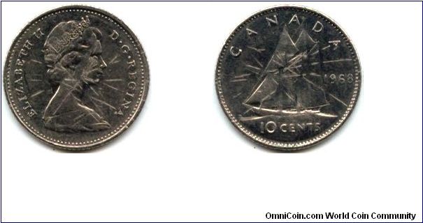 Canada, 10 cents 1968.
Queen Elizabeth II.