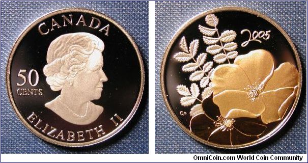 2005 Canada 50 Cents Proof The Golden Rose. 92.5% Silver, Gold plated rose, 27.13mm 9.3g.