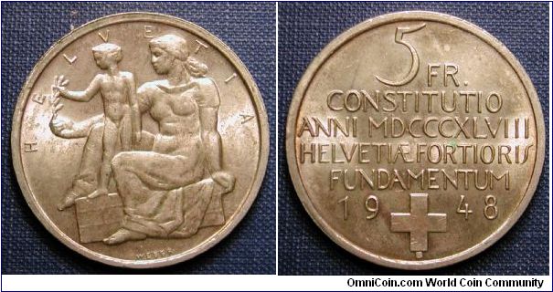 1948 Switzerland 5 Francs, 100 year anniversary of the Swiss Conatitution.