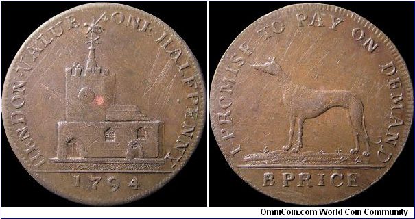 ½ Penny Conder Token.

I have an uncle named B. Pryce! :)                                                                                                                                                                                                                                                                                                                                                                                                                                                         