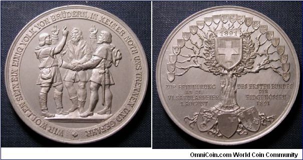 1891 Switzerland 700 Years of Confederation Medal/Medallion 50mm, Aluminum, engraver Lauer.  Reverse features shields of all the Cantons.