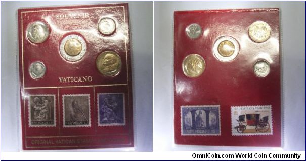 Set of Vatican coins together with stamps. A set assembled with various year coins for tourists. I got this set before the Vatican converted their lira coinage to the Euros.