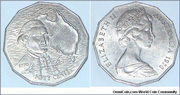 50 Cents Q Elizabeth II.Commemorative to celebrate 200 years of Discovery of East Coast of Australia by Captain James Cook.