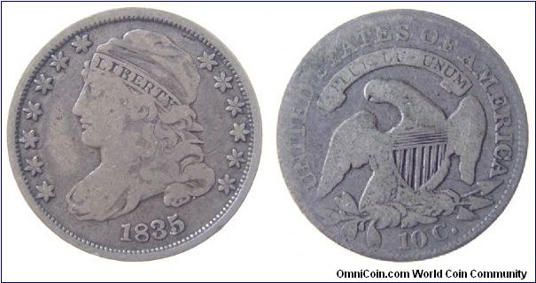 1835 dime, Capped Bust,Beaded border (1828-1837,
John Reich)