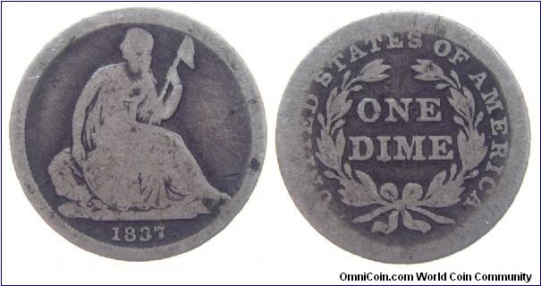 1837 dime, Liberty Seated
No stars (1837-1838, 
Christian Gobrecht)