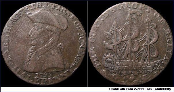 ½ Penny Conder token.

One of the many Lord Howe tokens. The 'Glorious First of June' a naval victory fought June 1, 1794 where Howe commanded the British fleet.                                                                                                                                                                                                                                                                                                                                                 