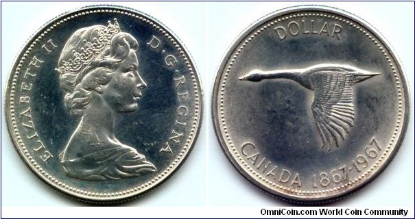 Canada, 1 dollar 1967.
Queen Elizabeth II.
Confederation Centennial.