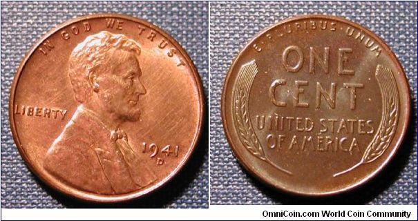 1941-D Lincoln Wheat Cent reverse toned.