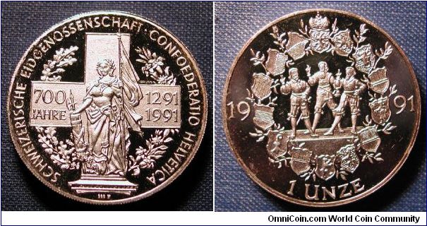 1991 Switzerland Piefort 700 Years of Confederation, .999 Silver 1 unze.  Bullion.