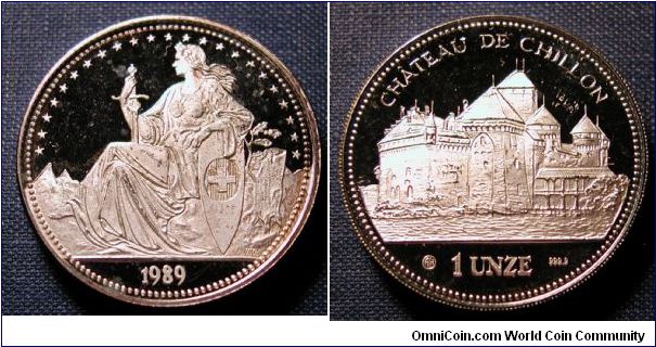 1989 Switzerland Piefort Chillon Castle, .999 Silver 1 Unze, bullion, proof.