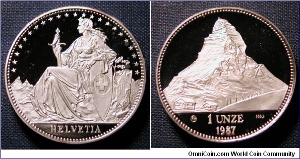 1987 Switzerland Piefort Matterhorn, .999 Silver, 1 Unze, Proof.