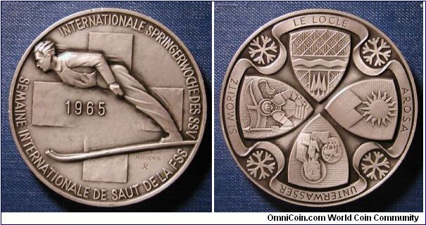 1965 Switzerland Ski Jump Medal Silver, 50mm, 2 oz.