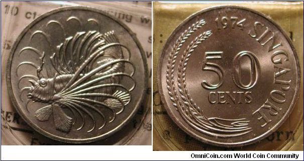 1974 Singapore 50 Cents in mint set, Lionfish, Cu-Ni.
