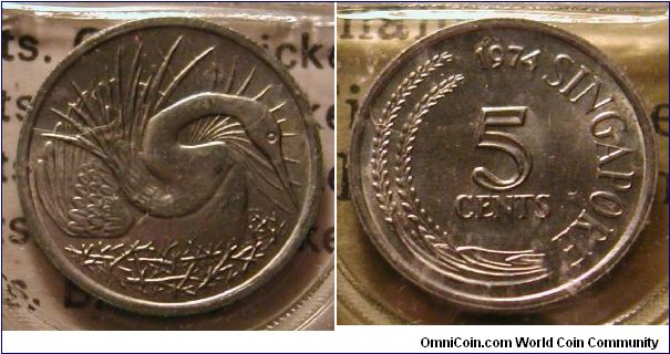 1974 Singapore 5 Cents in Mint Set.  Snake bird in nest displaying it's feathers.  Cu-Ni.