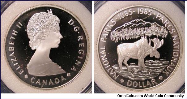 1985 Canada Silver Dollar Proof, National Parks  Centennial. Mintage 537,297 .925 Silver, 25.17g, 36mm, Reeded edge.