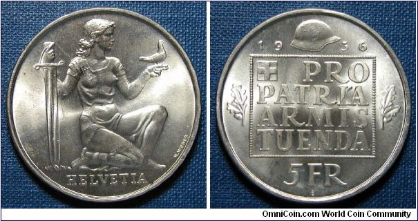 1936-B Switzerland 5 Francs, Armament Fund.
