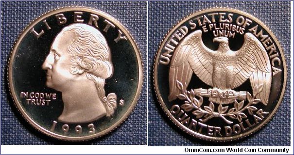 1993-S Washington Quarter Silver Proof rim toning.