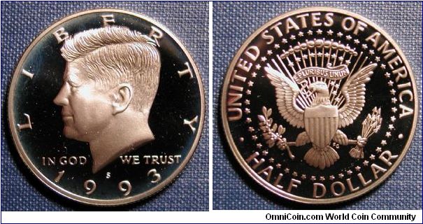 1993-S Kennedy Half Dollar Silver Proof rim toning.