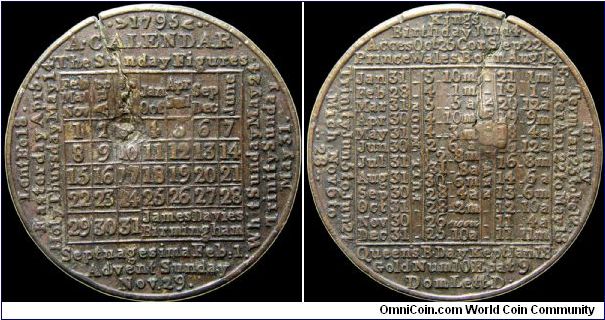 Calendar medal, Great Britain.

These were carried in people's pockets as a personal calendar. This poor example had some putz try to drill a hole through the middle of it. This caused quite a bit of damage and had they succeeded would have made it virtually useless.                                                                                                                                                                                                                                       