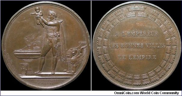 Bapteme du Roi de Rome, France.

An oddity of the time, this was struck from white metal and then patinated with the usual chocolate brown that Paris mint strikes were made with. Usually this was done over a bronze or copper strike.                                                                                                                                                                                                                                                                          