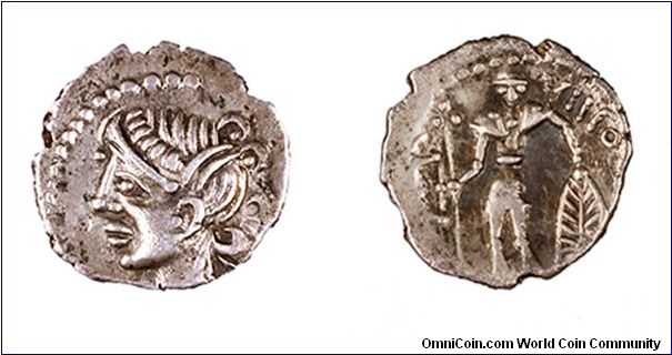 Pictones Tribe. Quinarius. Obv: Diademed female bust left.
Rev: Standing, facing warrior with a boar standard in the right hand and an oblong shield in the left hand. The legend VIIPO [TAL] in the upper right corner.
60 - 50 BC